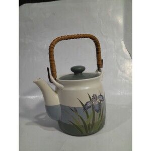 Vintage Ceramic Teapot Floral, Orchid Bamboo Handle Japan